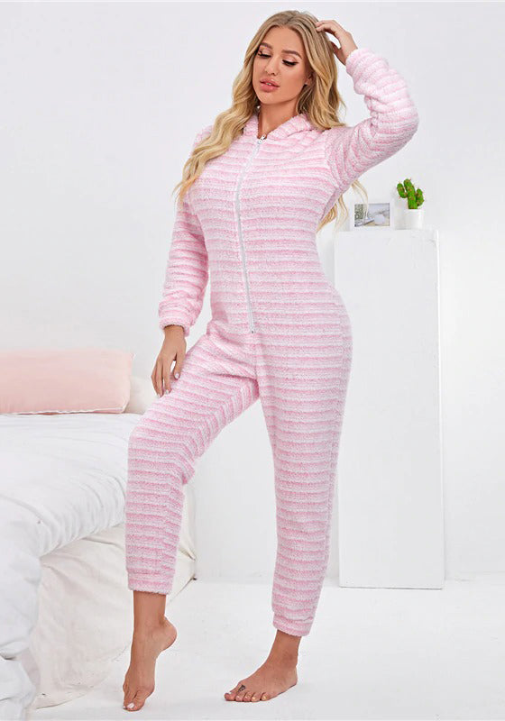 Striped Zipper Front Hooded Plush Onesie