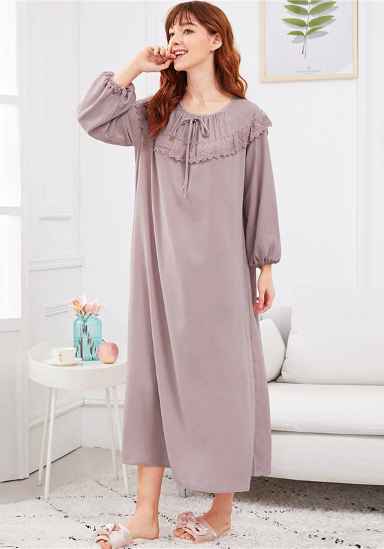 Embroidered Flounce Neck Bishop Sleeve Nightdress