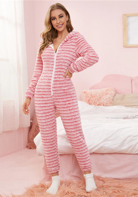 Striped Zipper Front Hooded Plush Onesie