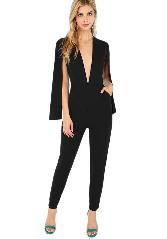 Black Highstreet Office Lady Plunging Neck Jumpsuit