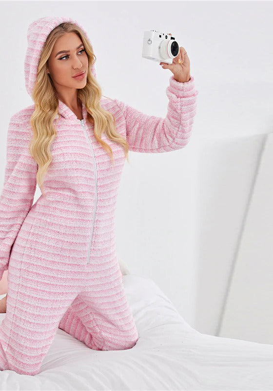 Striped Zipper Front Hooded Plush Onesie