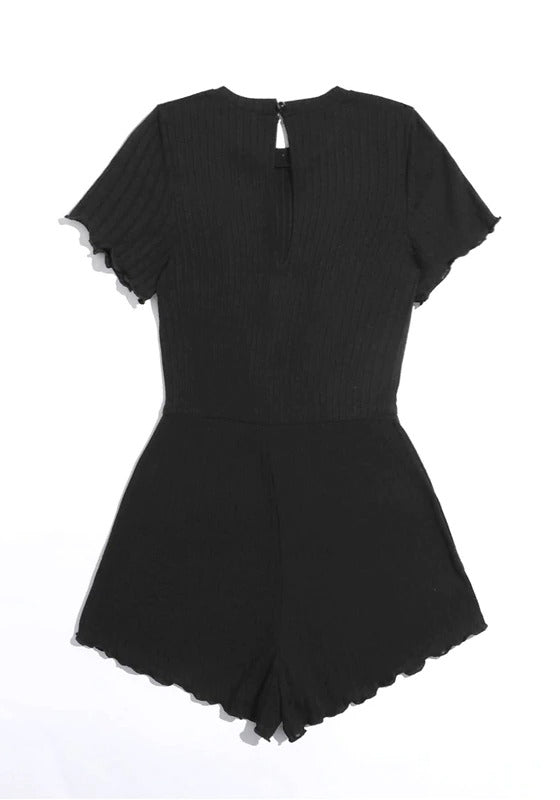 Lettuce Trim Drawstring Waist Rib-knit Romper