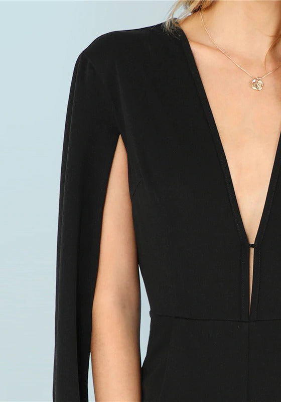 Black Highstreet Office Lady Plunging Neck Jumpsuit