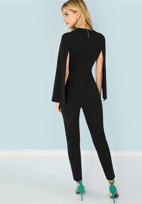 Black Highstreet Office Lady Plunging Neck Jumpsuit