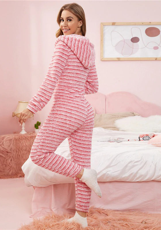 Striped Zipper Front Hooded Plush Onesie