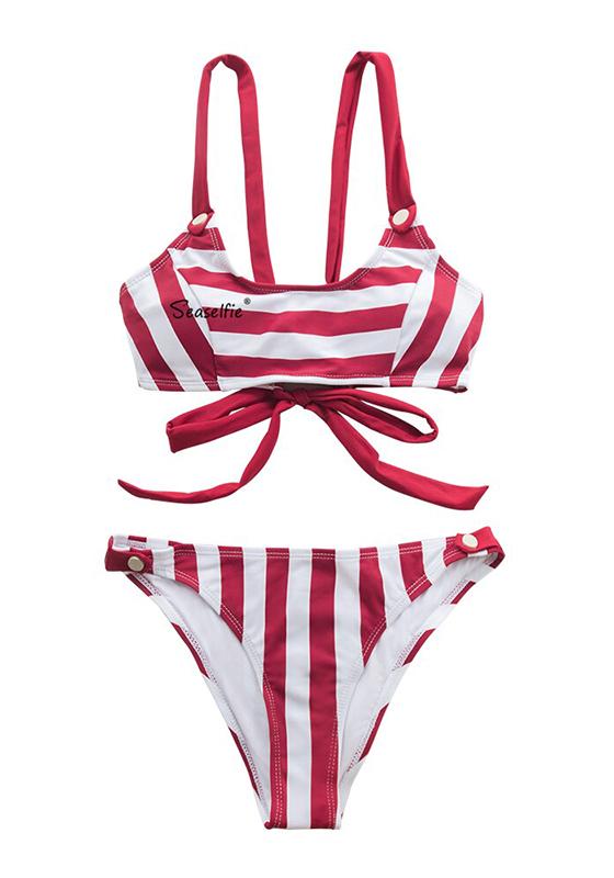 Red and White Stripe Low-Waisted Bikini Set