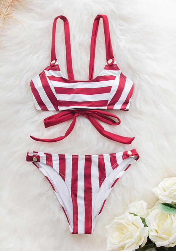 Red and White Stripe Low-Waisted Bikini Set