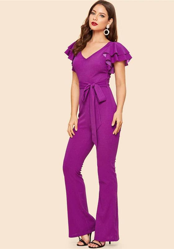 Purple Layered Sleeve Belted Flare Leg Jumpsuit