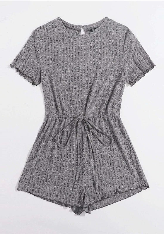 Lettuce Trim Drawstring Waist Rib-knit Romper