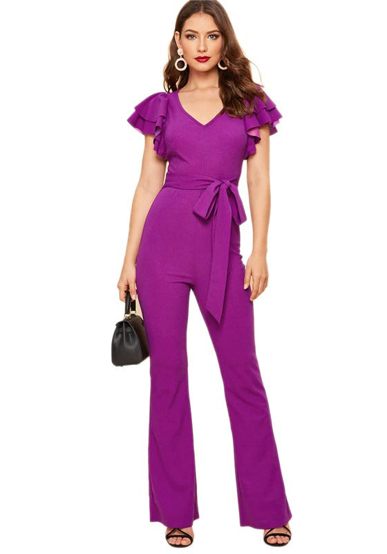 Purple Layered Sleeve Belted Flare Leg Jumpsuit