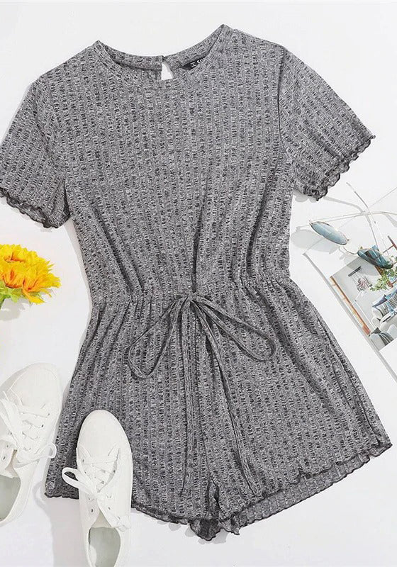 Lettuce Trim Drawstring Waist Rib-knit Romper