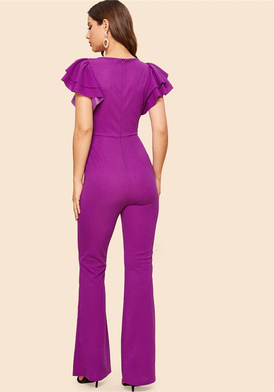 Purple Layered Sleeve Belted Flare Leg Jumpsuit