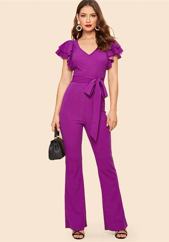 Purple Layered Sleeve Belted Flare Leg Jumpsuit