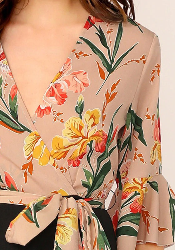 Elegant Floral Print Wrap Bodice Jumpsuit