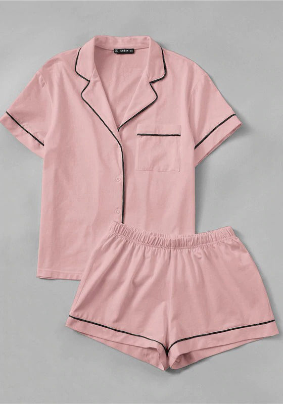 Pink Contrast Piping Pajama Set