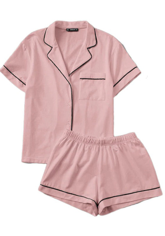 Pink Contrast Piping Pajama Set