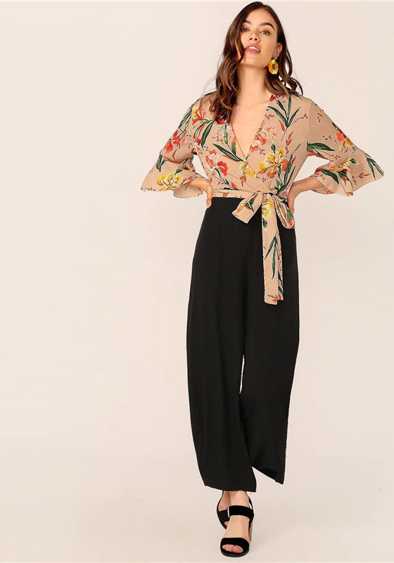 Elegant Floral Print Wrap Bodice Jumpsuit