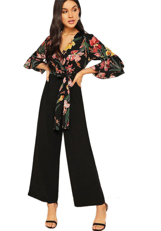 Elegant Floral Print Wrap Bodice Jumpsuit