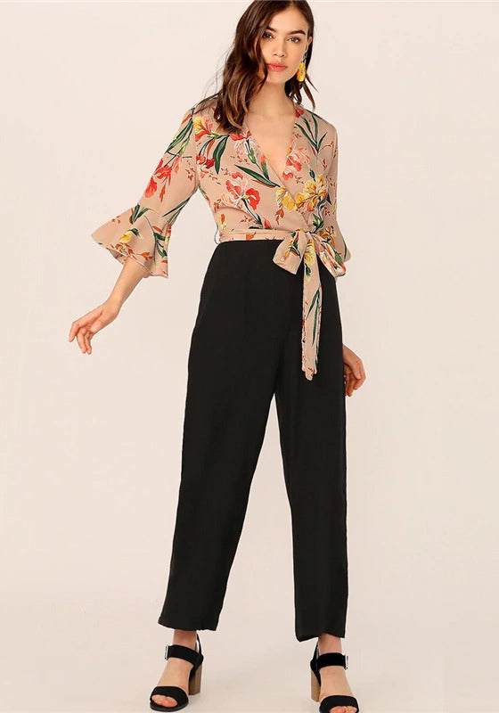 Elegant Floral Print Wrap Bodice Jumpsuit