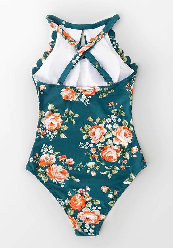 Green Floral Scalloped One-piece