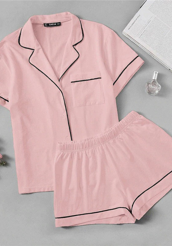 Pink Contrast Piping Pajama Set