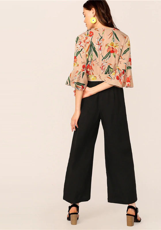 Elegant Floral Print Wrap Bodice Jumpsuit