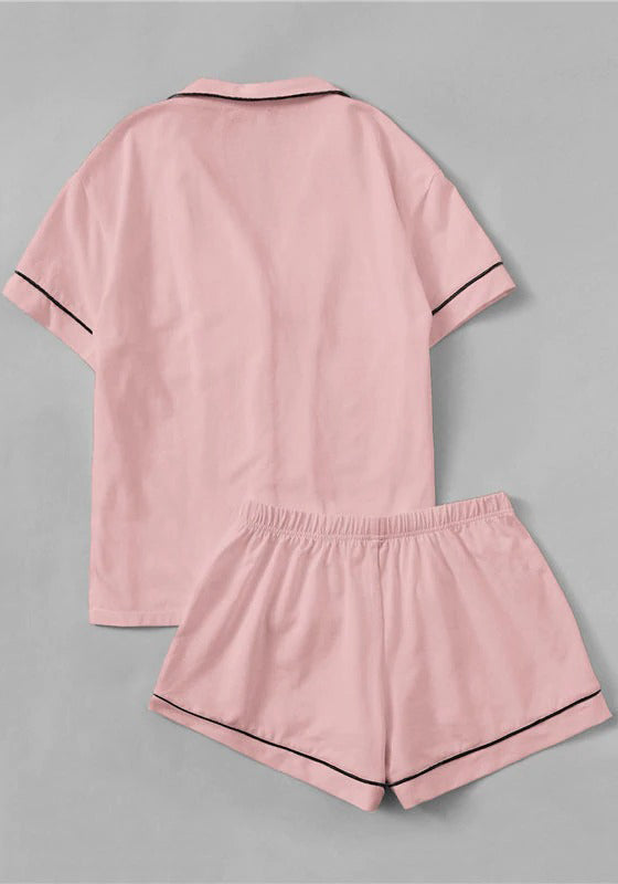 Pink Contrast Piping Pajama Set