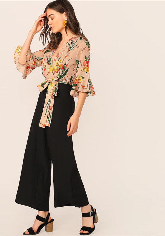 Elegant Floral Print Wrap Bodice Jumpsuit