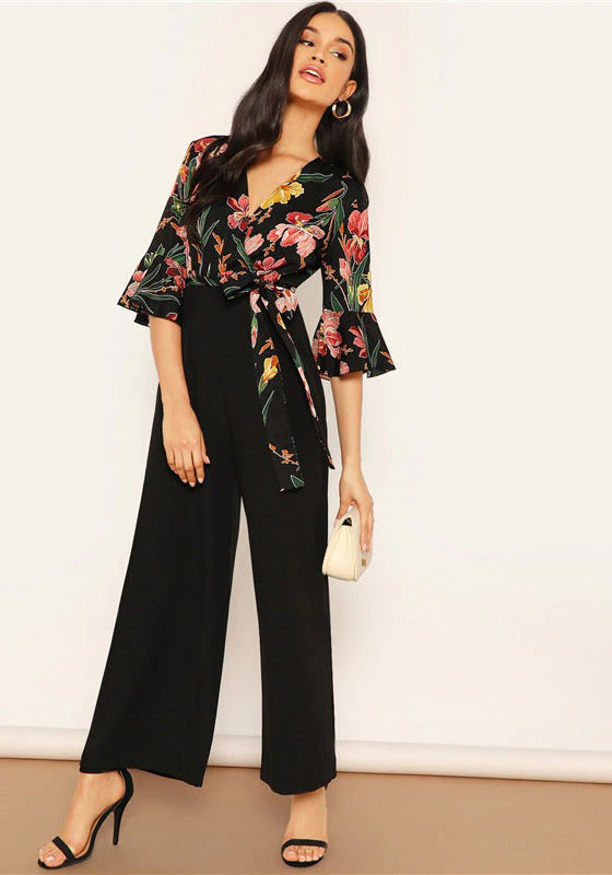 Elegant Floral Print Wrap Bodice Jumpsuit