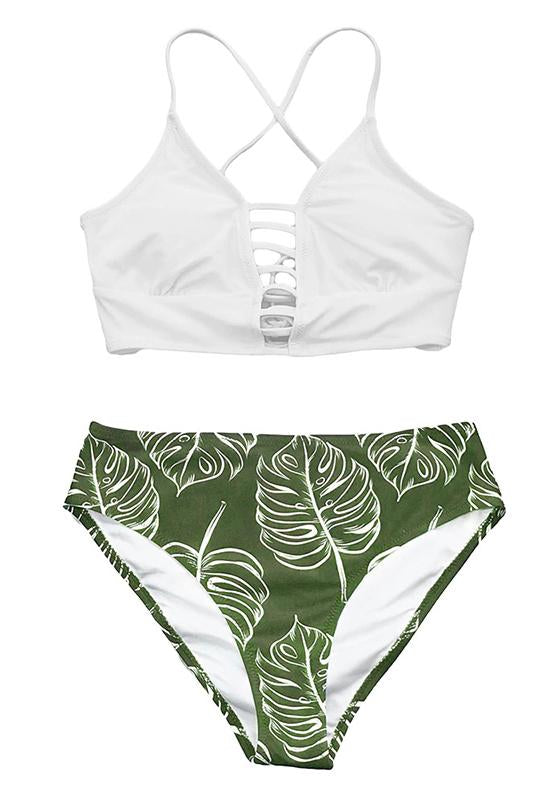 White and Leaves Print Mid-waist Bikini Set