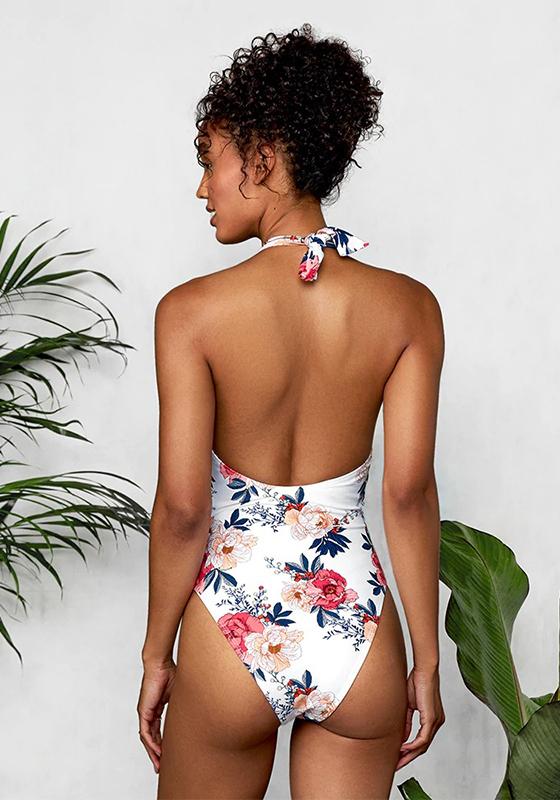 White Floral Plunge Halter One-Piece