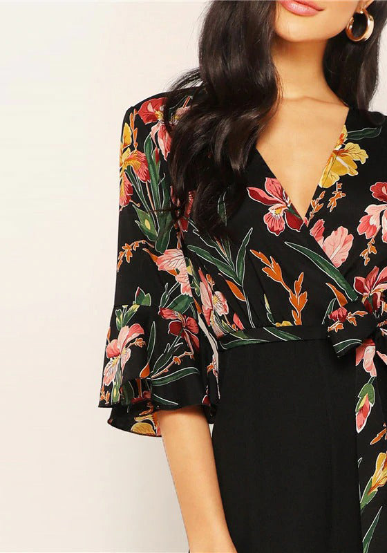 Elegant Floral Print Wrap Bodice Jumpsuit