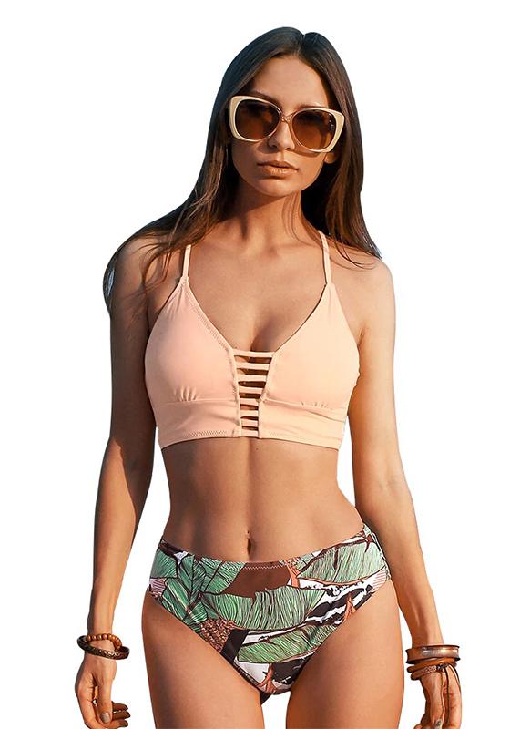 White and Leaves Print Mid-waist Bikini Set