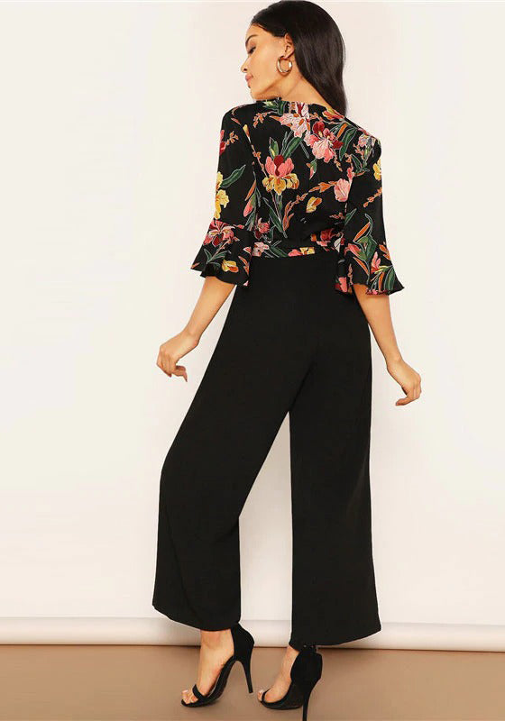 Elegant Floral Print Wrap Bodice Jumpsuit