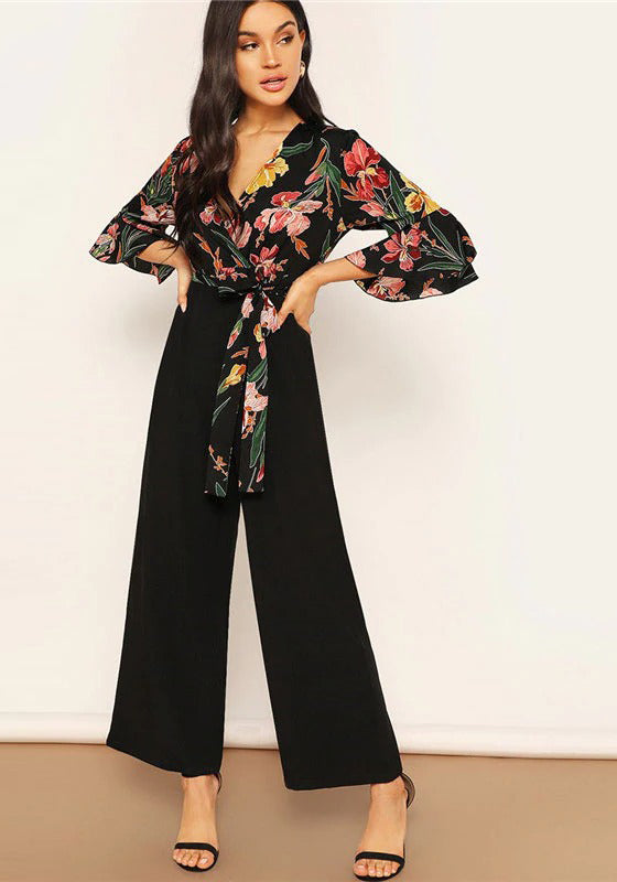 Elegant Floral Print Wrap Bodice Jumpsuit