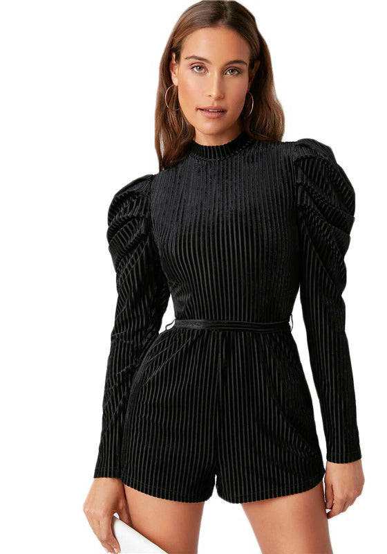 Black Leg-of-mutton Sleeve Belted Velvet Romper