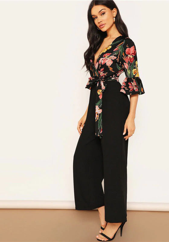 Elegant Floral Print Wrap Bodice Jumpsuit