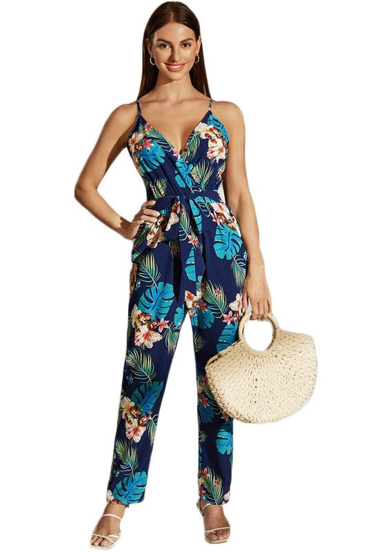 Multicolor Surplice Neck Tropical Jumpsuit