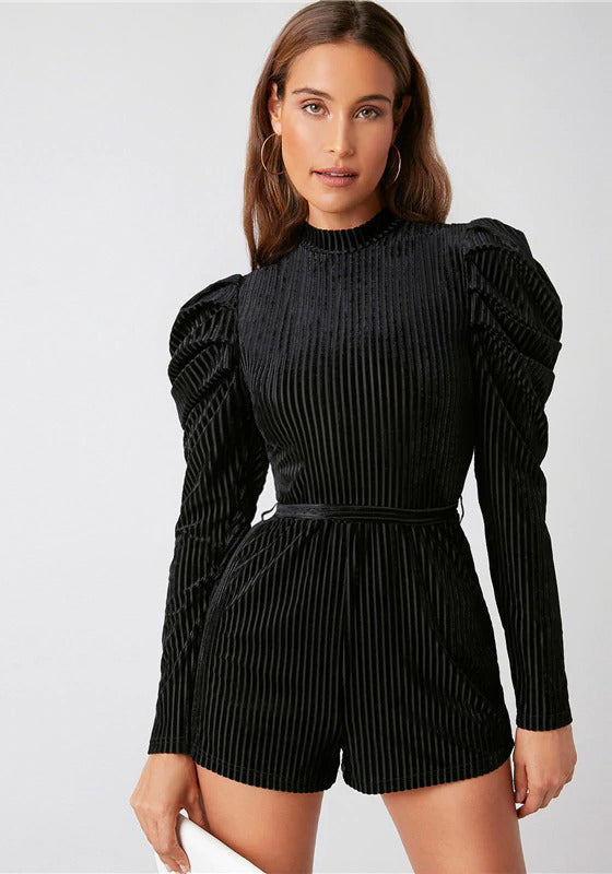 Black Leg-of-mutton Sleeve Belted Velvet Romper