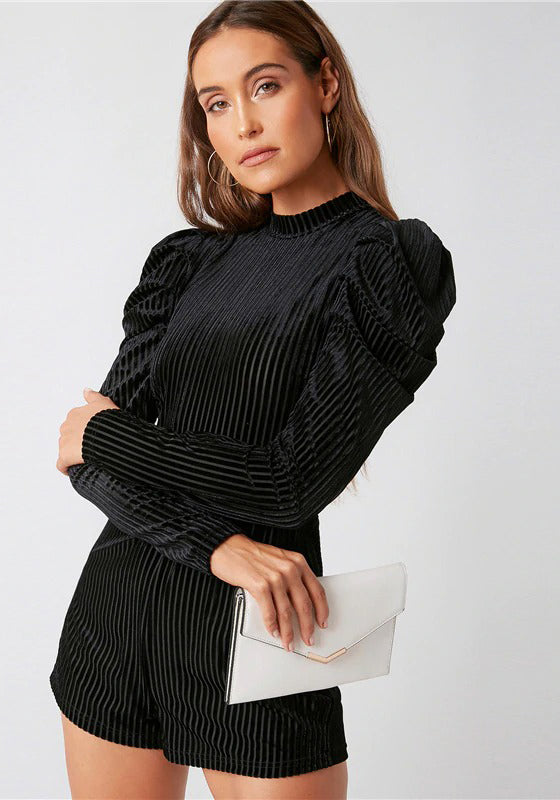 Black Leg-of-mutton Sleeve Belted Velvet Romper