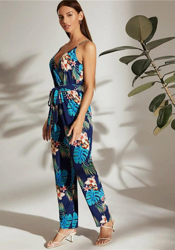 Multicolor Surplice Neck Tropical Jumpsuit