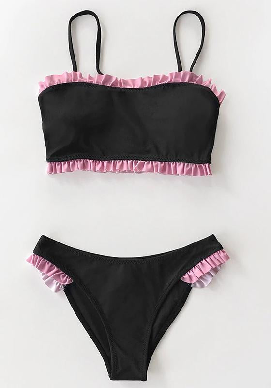 Black Red Ruffled Bandeau Bikini Set