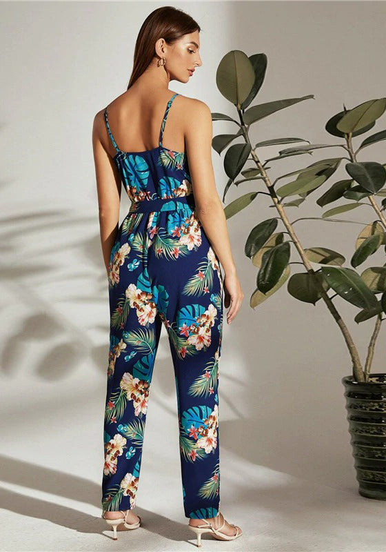 Multicolor Surplice Neck Tropical Jumpsuit