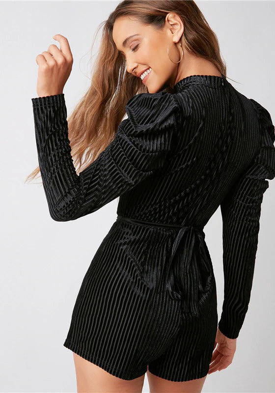 Black Leg-of-mutton Sleeve Belted Velvet Romper