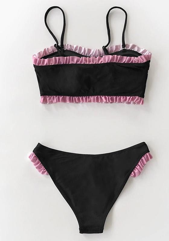 Black Red Ruffled Bandeau Bikini Set