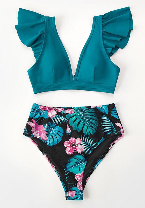 Teal Floral Ruffled High Waist Bikini Set