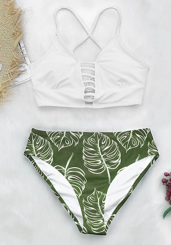 White and Leaves Print Mid-waist Bikini Set