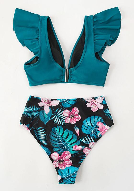 Teal Floral Ruffled High Waist Bikini Set