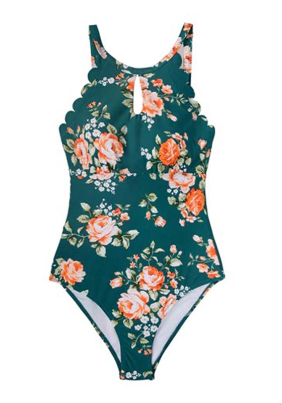 Green Floral Scalloped One-piece