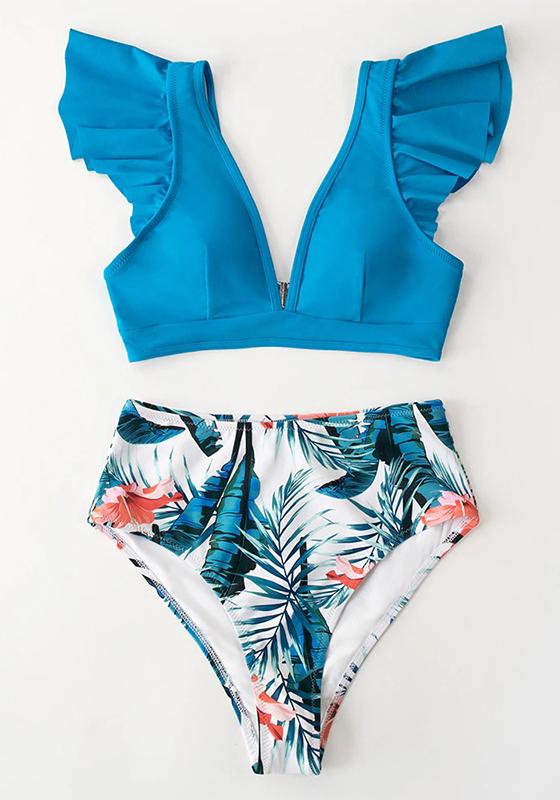 Teal Floral Ruffled High Waist Bikini Set